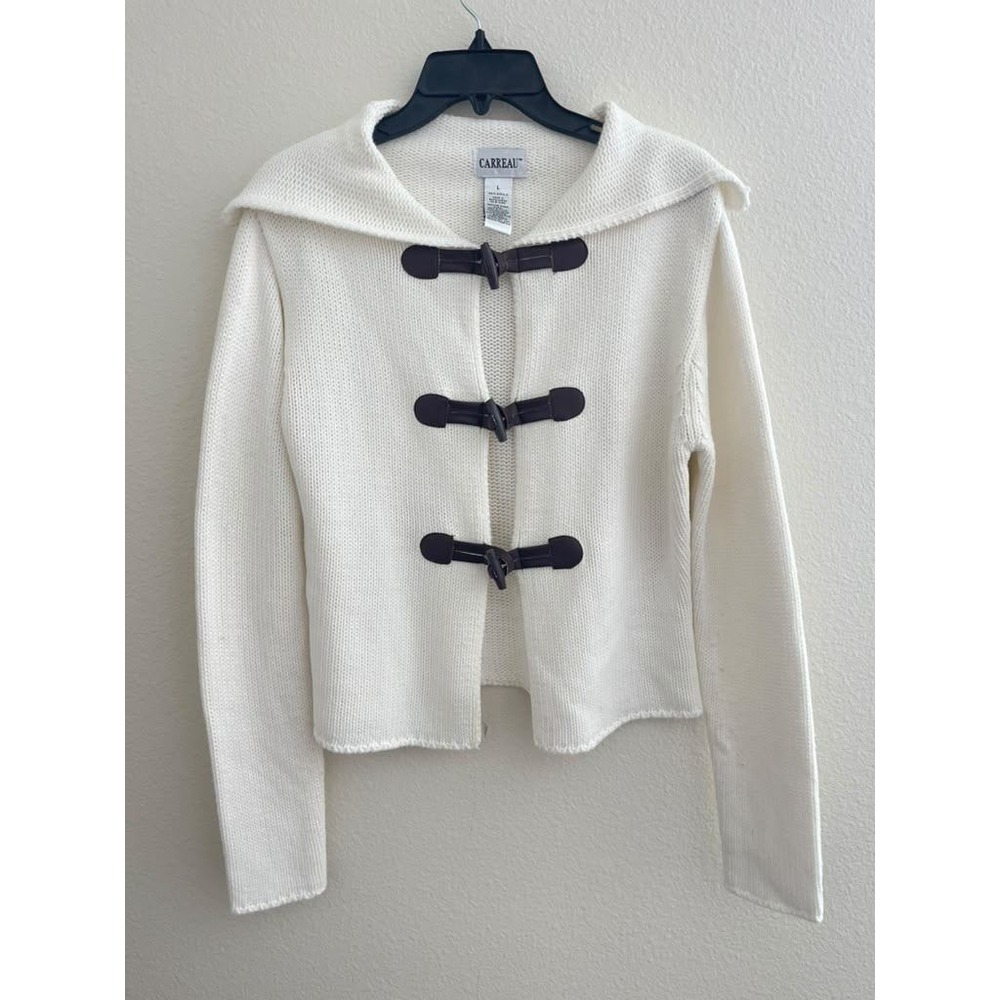 Carreau Women Cream Toggle Front Sailor Collar Cardigan Sweater Large Ivory Knit